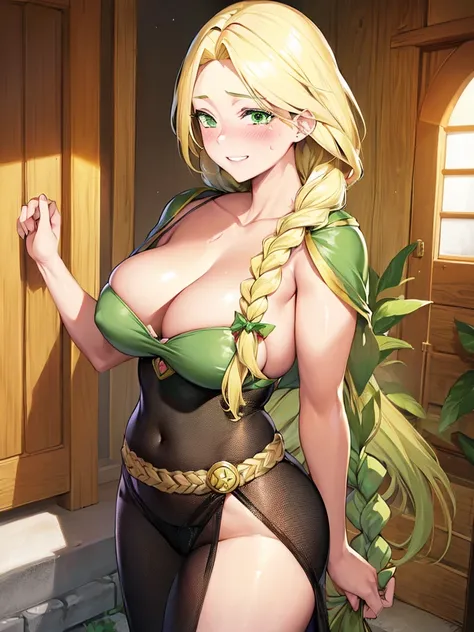 masterpiece,best quality,1girl,18yo,beautiful girl,BREAK,(鎧:1.8),(voluptuous bust,thin waist:1.4),navel exposed,BREAK,(Beautiful blonde,braid,Green Eyes:1.5),(Embarrassed smile:1.3),