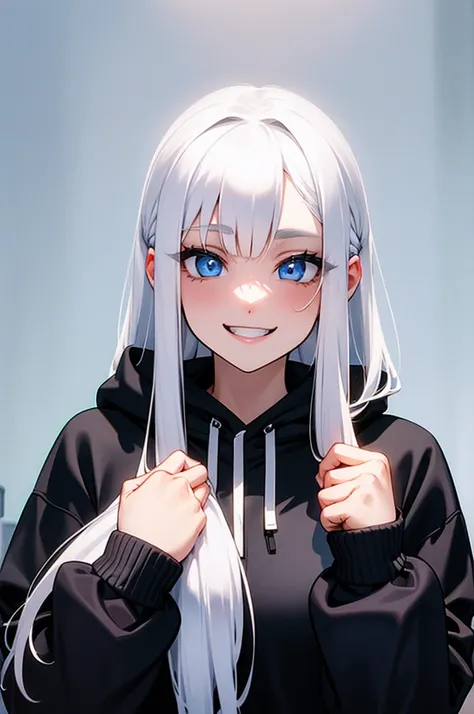 1 Girl, white hair, blue eyes, wearing black hoodie, on person, happy face