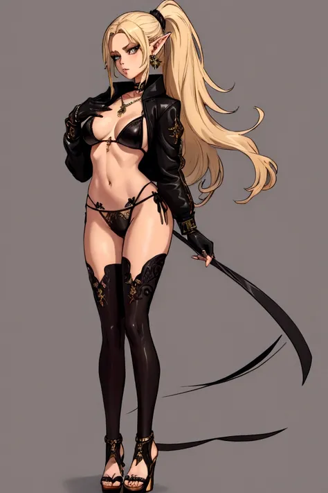 8K, Top Quality, Intricate Details, Ultra Detail, Ultra High Resolution, Masterpiece, full body, Very tall, dark skinned female elf; slender, blonde hairs and incredible long ponytail; strong goth makeup; brown eyes; small pointy breast; sensual midriff; w...