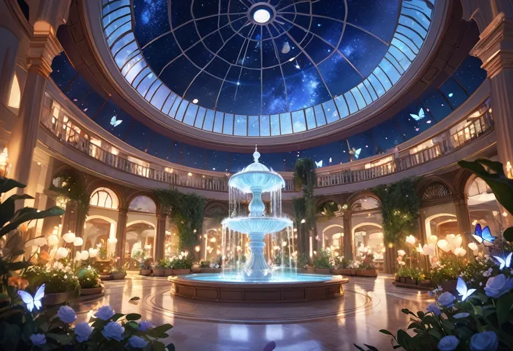 ((Highest quality)),((high-res)),night, Starry Sky, A magical indoor garden, dome, Sparkling water fountain, Lots of flowers, Glowing Butterfly, The background is a garden with petals and papas flying around