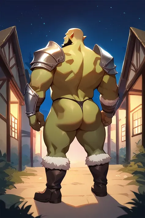 score_9, score_8_up, score_7_up, solo, male focus, bulk male, orc, green skin, tusks, beard, outdoors, micro armor , shoulder armor, breastplate, upper body, closed mouth, pauldrons, night, night sky, standing , boots , shirtless , (black g-string) , full ...