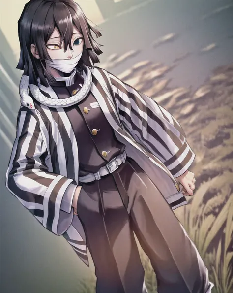 masterpiece, best quality, highres, 1boy obanai, demon slayer uniform vertical stripes jacket black pants, white snake, mask hand on hip, solo, hd quality, high resolution, high end pixels