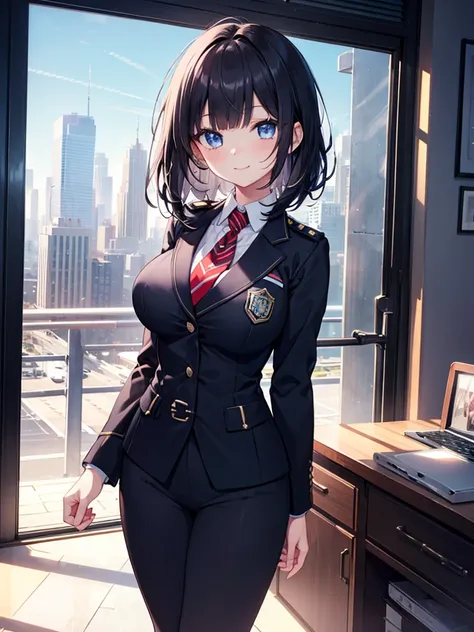 transparent,off-shoulder_sweater,1girl,slender,hime cut,straight_hair,black hair,side_blunt_bangs,blue eyes,symbol_in_eye,medium breasts,narrow_waist,huge filesize,smile,panorama,police_uniform,business_suit,