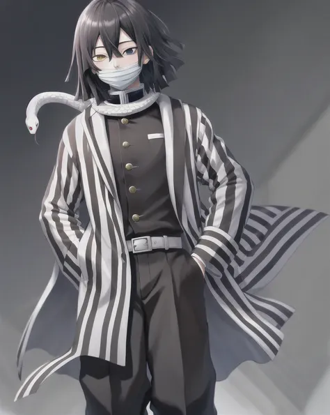 masterpiece, best quality, highres, 1boy obanai, demon slayer uniform vertical stripes jacket black pants, white snake, mask hand on hip, solo, hd quality, high resolution, high end pixels