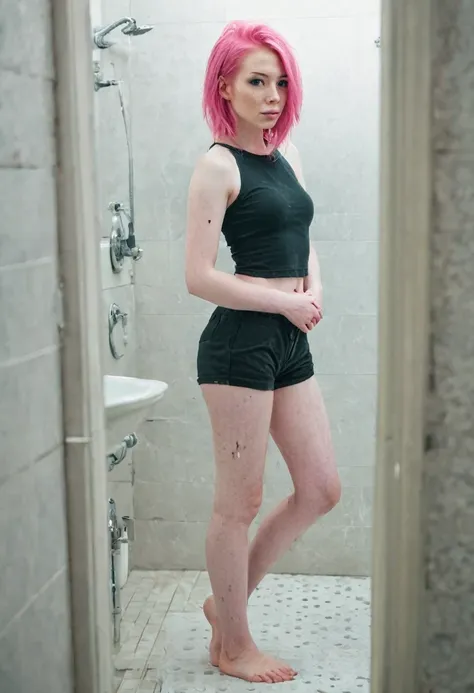 Soldier cut pink hair pale skin beautiful woman standing in bathroom full body