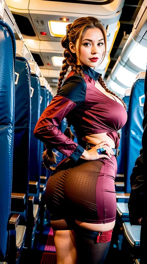 Sexy Stewardess (Air Stewardess) On the plane, with sexy tight fit and deep neckline. big breasts, Red lips, tied hair (long braid), typical flight attendant suit b(costume sexy), huge butts
