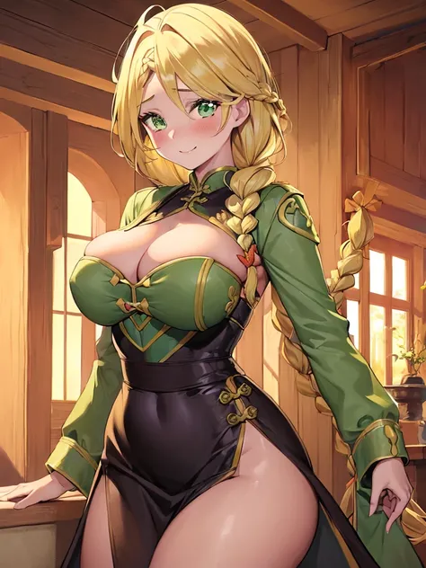 masterpiece,best quality,1girl,18yo,beautiful girl,BREAK,(緑の鎧:1.8),(voluptuous bust,thin waist:1.4),BREAK,(Beautiful blonde,braid,Green Eyes:1.5),(Embarrassed smile:1.3),