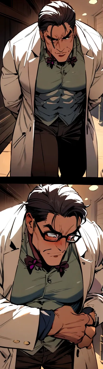 Best quality, masterpiece, handsome muscular man, wearing labcoat and nerdy glasses, groped by frankenstein monster