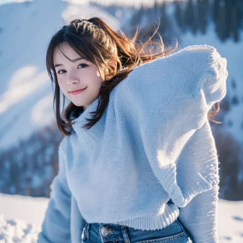 Best quality, masterpiece, very high resolution, (photorealistic:1.4), sharp focus, bokeh, (close-up:1.3), 2girl, leogirl, a young woman walking in the snow, sunlight, snowy hills, blue sky, clouds, off color -long thick sweater, long jeans, posing for pho...