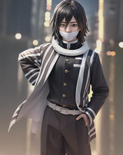 masterpiece, best quality, highres, 1boy, obanai, demon slayer uniform, vertical stripes jacket, black pants, white snake, mask, hand on hip, solo, hd quality, high resolution, high end pixels, realistic, photorealistic, photo-realistic:1.37, ultra-detaile...