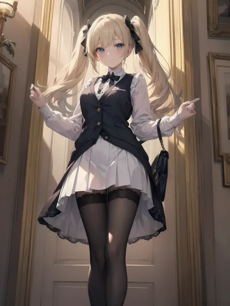 A lavish, photorealistic illustration of Soro, a charming 19th-century maiden, exudes elegance in a masterfully crafted scene. Framed by a ornate, gilded archway, she stands poised, her twintails adorned with sparkling bows, her cardigan vest and short-sle...