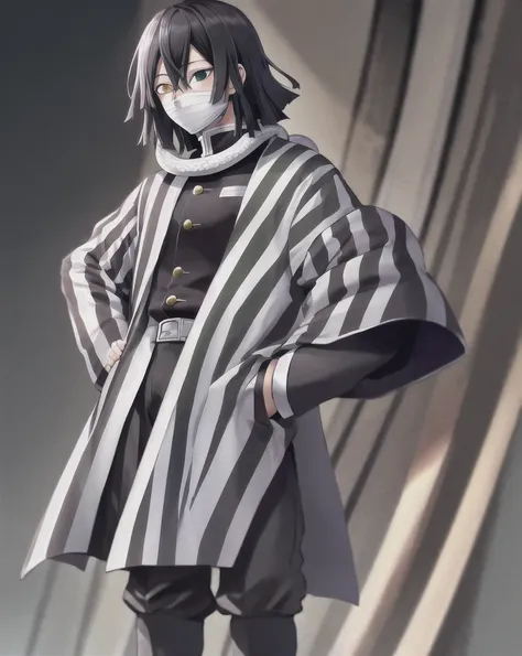 masterpiece, best quality, highres, 1boy obanai, demon slayer uniform vertical stripes jacket black pants, white snake, mask hand on hip, solo, hd quality, high resolution, high end pixels