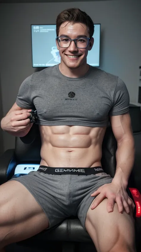 He creates a very handsome young man with perfect features, with glasses, freckles and a nice smile, he has a muscular body, he has gamer headphones on and he is sitting in a gamer chair, he is in gray boxers, with which you can see a large lump, somewhat ...