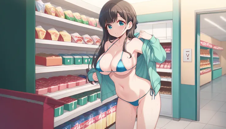     ((1girl:1.3)),((moe style:1.3)),  ((microbikini:1.3)), ((wet:1.3)), ((convenience store:1.3)), ((large breasts:1.3)), ((moe style:1.3)), ((perfect face)), ((extremely cute:1.3)), ((masterpiece:1.3)), ((8k)), ((best quality:1.3)), ((beautiful)), ((extre...