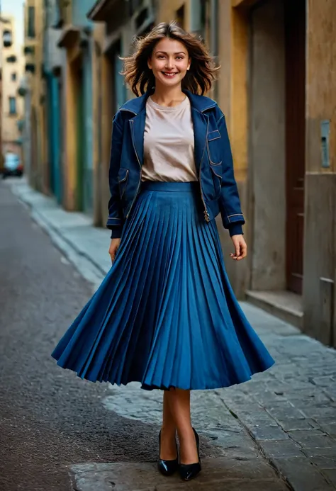 A smiling, authentic, (shy:1,3), kind, beautiful woman, is passionately in love with her skirt, wind lifts her skirt, wearing uniform jacket and very, very detailed (long (fully pleated) full circle skirt) and (low heeled court shoes), very, very intricate...