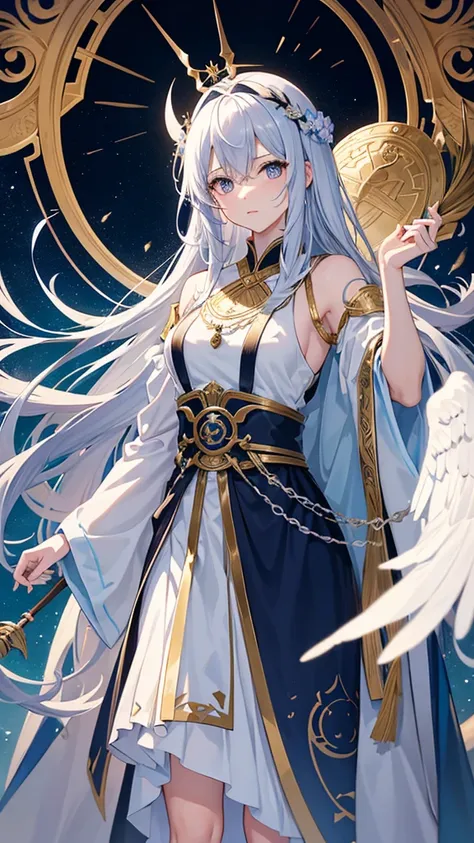 Please draw an illustration of Odin from Norse mythology re-created as a beautiful girl.。This female version of Odin、It should be a combination of elegance and strength.。Please include specific details below：

	1.	Appearance:
	•face: Her face is very beaut...