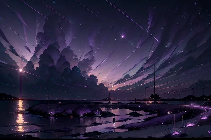 Painting of a sunset over water, Space Sky. by Makoto Shinkai, Colorful night sky, dream scenery art, Makoto Shinkai and Tom Bagshaw, Ross Tran. Landscape Background, Tom Kincaid, Twinkling Star, anime. by Makoto Shinkai, Breathtaking digital art, Purple s...