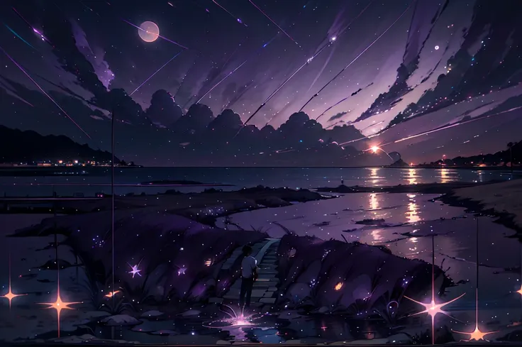 Painting of a sunset over water, Space Sky. by Makoto Shinkai, Colorful night sky, dream scenery art, Makoto Shinkai and Tom Bagshaw, Ross Tran. Landscape Background, Tom Kincaid, Twinkling Star, anime. by Makoto Shinkai, Breathtaking digital art, Purple s...