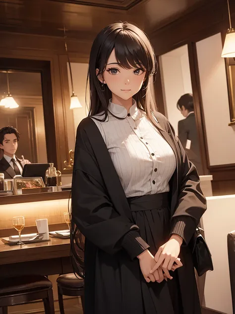 (​masterpiece、top-quality、hight resolution), A meeting scene set up through a dating site. The protagonist is surprised to see a kind and elegant married woman approaching him. She is dressed in fine, sophisticated clothing, smiles warmly, and addresses th...