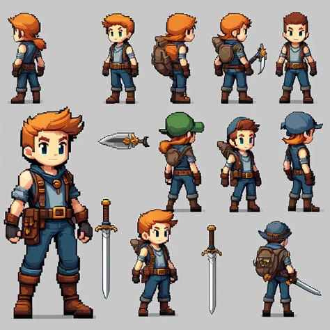 pixel art,pixel art,create an original character design sheet,main character of the game,boy,juvenile,adventurer&#39;s outfit,na...