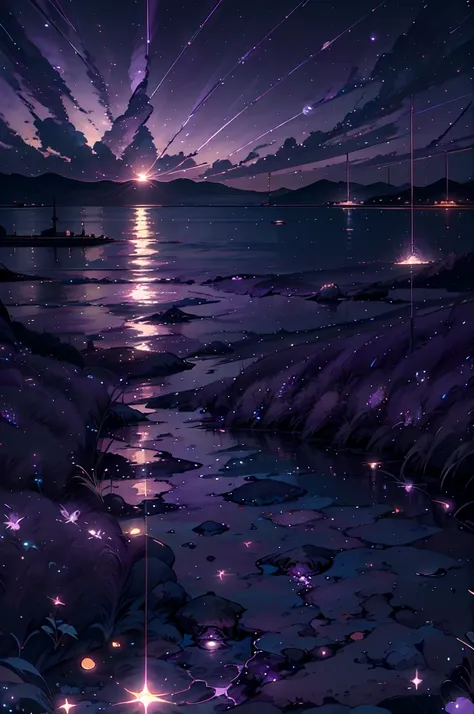 Painting of a sunset over water, Space Sky. by Makoto Shinkai, Colorful night sky, dream scenery art, Makoto Shinkai and Tom Bagshaw, Ross Tran. Landscape Background, Tom Kincaid, Twinkling Star, anime. by Makoto Shinkai, Breathtaking digital art, Purple s...