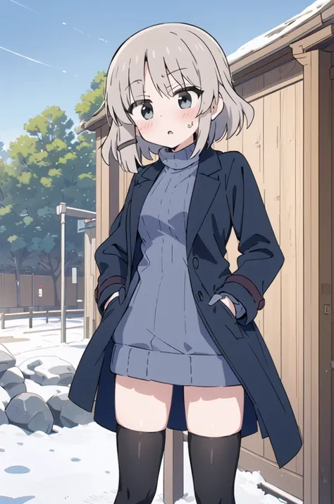 masterpiece, best quality, 1girl,solo,girls und panzer, itsumi erika, large breasts, (open coat, sweater dress:1.2), (black thighhighs),hands in pocket, blush, disappointed, looking up, cowboy shot, outdoor, central park, blue sky 