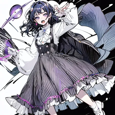 A 20-year-old Japanese girl with long purple hair and one purple eye and one black eye. She plays in a rock band and usually wears black-pink loli dresses. She has pale skin