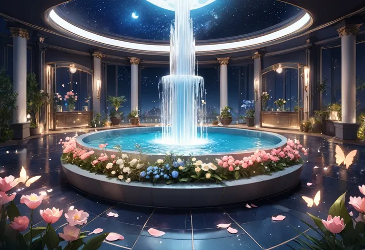 ((highest quality)),((high-res)),night, starry sky, a magical indoor garden, moon, relief,sparkling water fountain, lots of flow...