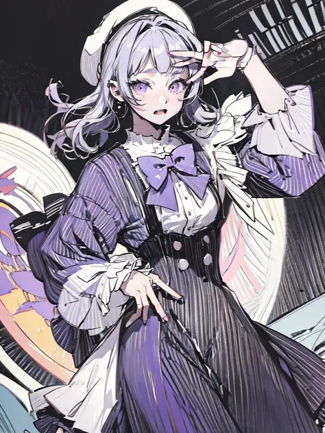 A 20-year-old Japanese girl with long purple hair and one purple eye and one black eye. She plays in a rock band and usually wears black-pink loli dresses. She has pale skin