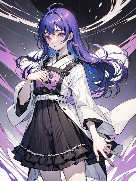 A 20-year-old Japanese girl with long purple hair and one purple eye and one black eye. She plays in a rock band and usually wears black-pink loli dresses. She has pale skin