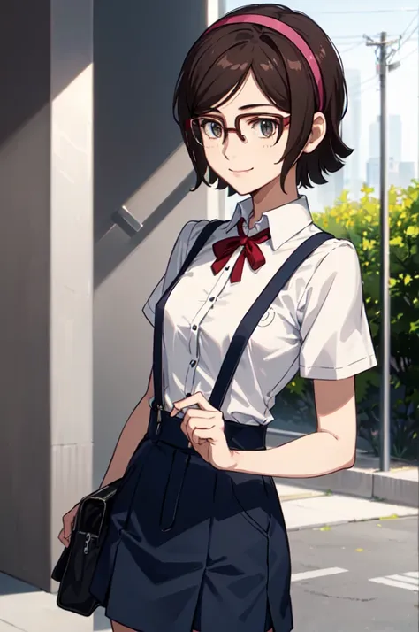 Super detailed, masterpiece, Highest quality, alone, A kind smile, A light smile, kousaka china, head band, Glasses,  EVA Uniform, One girl, alone, Tokyo 3 Middle ,  shirt, Short sleeve, Suspenders Long Skirt, Neck ribbon,