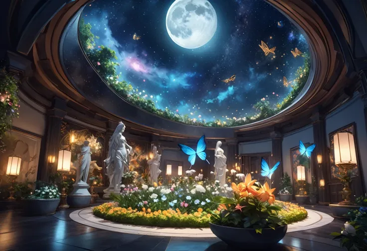 ((Highest quality)),((high-res)),night, Starry Sky, A magical indoor garden, moon, nebula,sculpture,relief,Lots of flowers, Glowing Butterfly, The background is a garden with petals and papas flying around