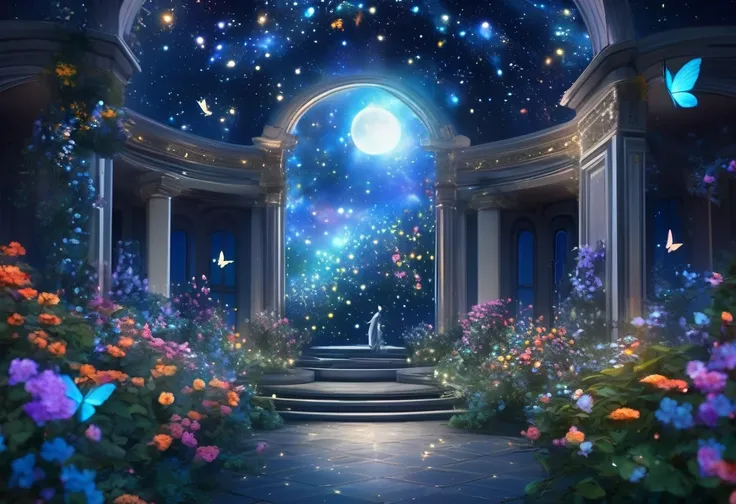 ((Highest quality)),((high-res)),night, Starry Sky, A magical indoor garden, moon, nebula,sculpture,relief,Lots of flowers, Glowing Butterfly, The background is a garden with petals and papas flying around