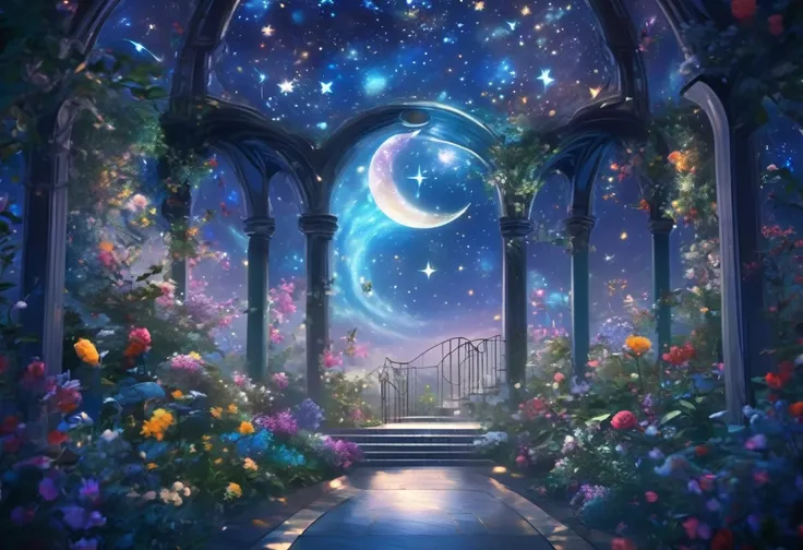 ((highest quality)),((high-res)),night, starry sky, a magical indoor garden, moon, nebula,sculpture,relief,lots of flowers, the ...