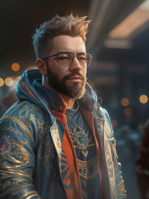 a man with a beard and glasses, spiked hairstyle, wearing a jacket, hyper-realistic detailed portrait, craig mullins art style, dappled lighting, inspired by craig mullins and greg rutkowski, james gurney painting style, wojtek fus, artgerm, sigma 150mm f/...