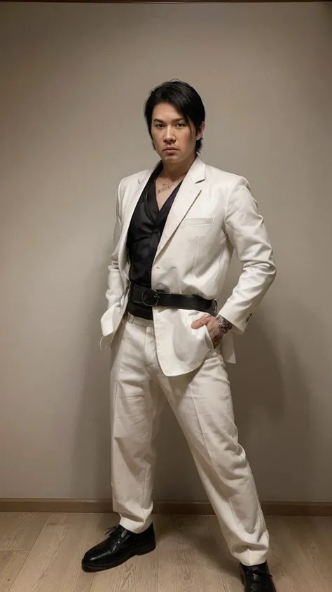 30 years old Yakuza gangster japanese boy, black  hair, tidy short hair style, angry face, white skin, Black colour western suit, black coat, white colour shirt, black long pant, leather belt, black leather shoe, he holding japanese long sword. japanese tr...