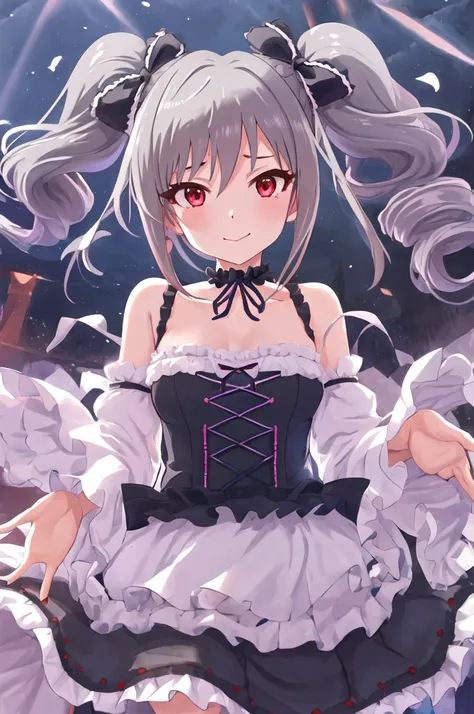 Highest quality, masterpiece, High resolution, 一人in, {kanzaki_early_Idolmaster Cinderella Girls:1.15}, gray_hair, red_eye, length_hair, twintails, Drill_hair, twin_Drills, smile, ribbon, red面, hair_ribbon, chest, One girl, black_dress, choker, clavicle, dr...