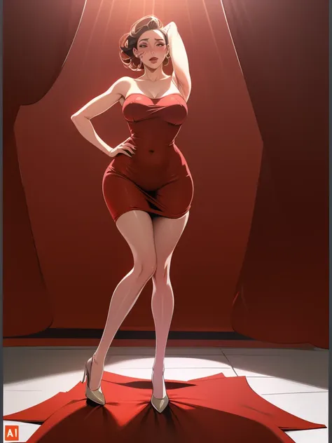 a beautiful woman in a red dress, standing elegantly on one leg, hands behind her body in a pinup pose, oppai proportions, extre...