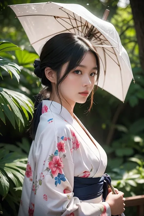 a young Japanese lady in kimonos posing for an elegant umbrella, in the style of liam sharp, 32k uhd, webcam, iPhone RAW quality photography, brightened colors, nature in theme, eve ventrue, smooth and curved lines, mid body shot, intensity but pleasent in...