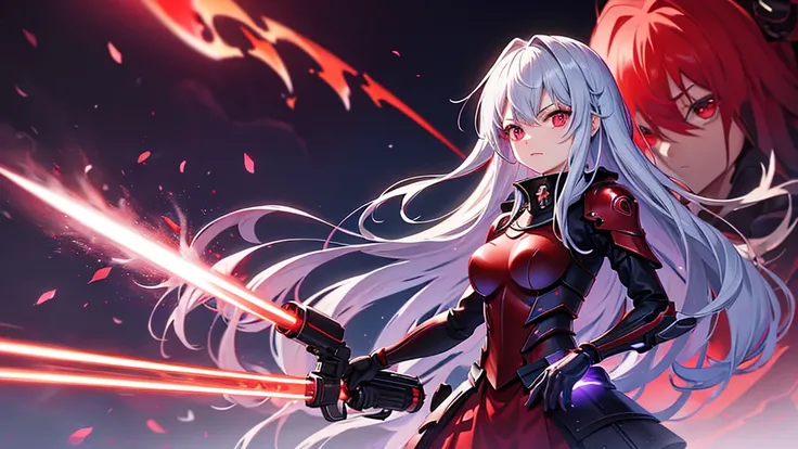 armor、gray hair、red-eyed anime girl holding a gun in front of a purple and red background, gapmore grim dark, portrait gapmore g...