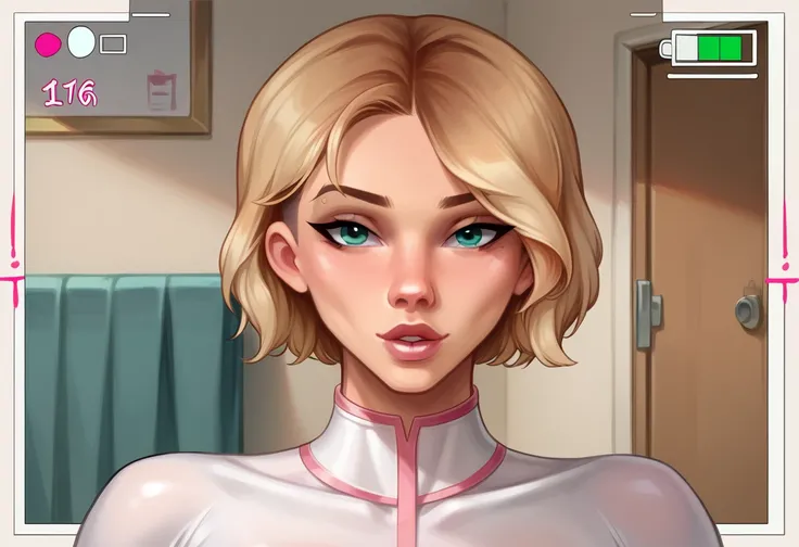 score_9, score_8_up, score_7_up, BREAK 1girl, solo, (short hair Gwen Stacy:1.5), looking at viewer, parted lips, wearing (sexy nurse costume:1.0), mature woman, hair tie, hot, posing in her bedroom, erotic poses, viewfinder.