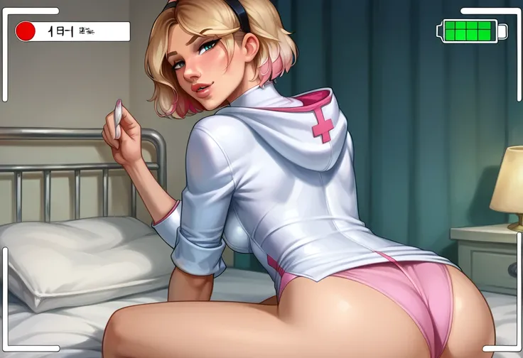 score_9, score_8_up, score_7_up, BREAK 1girl, solo, (short hair Gwen Stacy:1.5), looking at viewer, parted lips, wearing (sexy nurse costume:1.0), mature woman, hair tie, hot, posing in her bedroom, erotic poses, viewfinder.