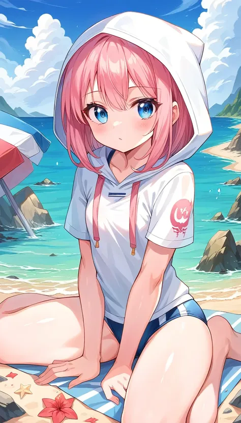 a girl, pink hair,  blue eyes, white two-piece swimwear, hooded rash guard, sitting, (absurdres), (masterpiece), (best quality),...