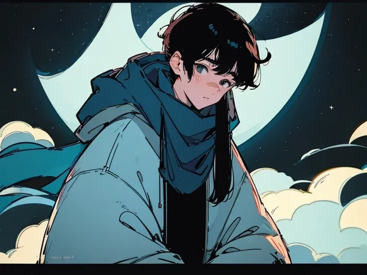 Close-up of a 19-year-old black-haired man、Being Calm、gentle light、black background、Coffee、head shot、Lo-Fi Illustration、a relaxing sight、starry sky、Countless stars、night view、Scarf、hoodie