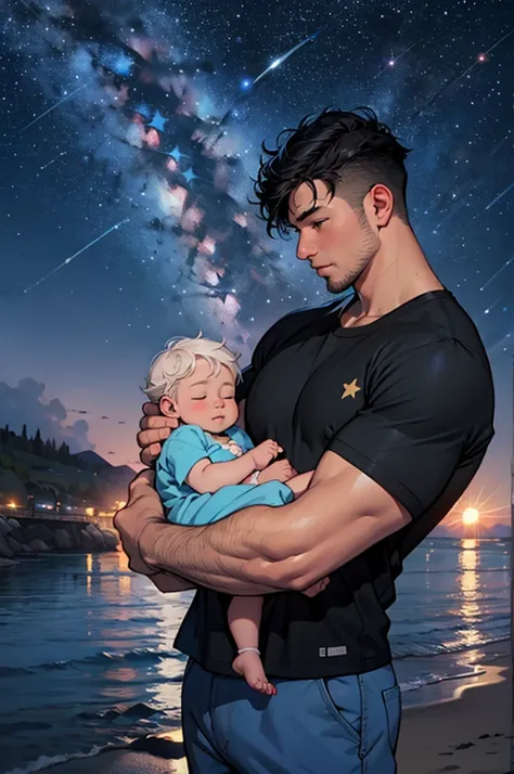 a chubby father holding his newborn baby boy at the seaside at night, black hair, black t-shirt, stars, starry night sky, shiny stars,