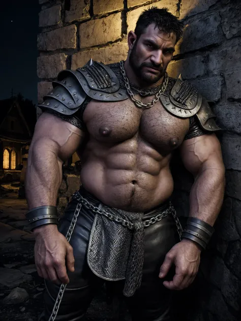 Raw, cinematic shot, (sharp focus:1.5), (photorealistic:1.2), medium portrait fat daddy huge pecs of (a weary-looking but still proud and fierce-looking บาบาเลี่ยน warrior, now the leader of his village, dressed in elaborately detailed chain mail and leath...