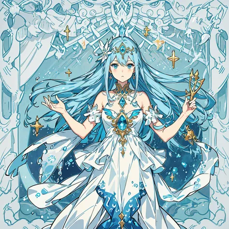 God of water , long blue and transparent hair , blue eyes , in the water , long blue and white traditional god of water dress , accessories , have a trident in gold behind her back , fish and jellyfish around her 