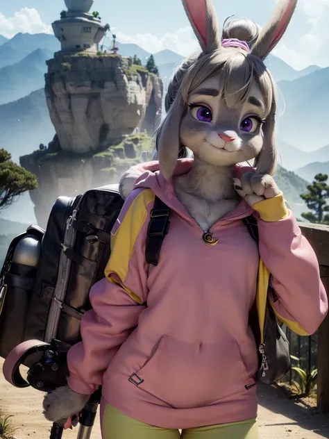 Highest quality,
masterpiece,
Ultra-realistic,
Super detailed,
Beautiful details,
4K，8K，upper,
pixar,
Photo realistic,
Medium Shot,
Background is ((hiking course)),
Realistic lighting,
((looking at the camera)),
hiking lady,

((Anthropomorphic rabbit)),
De...