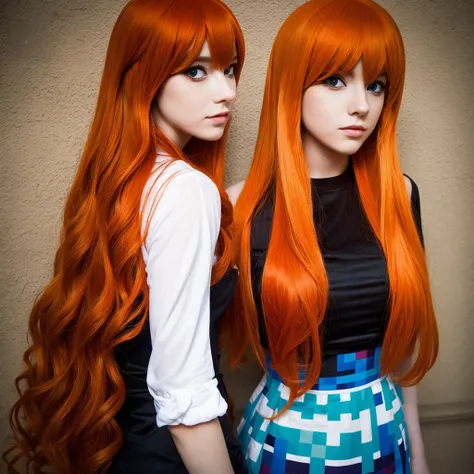 Photographie ultra réaliste dune cosplayeuse déguisée en Alex de Minecraft. She has long orange hair, styled to match Alex&#39;s appearance. She is wearing a green top and brown pants, designed to mimic the pixelated, boxy style of Minecraft, but with a re...