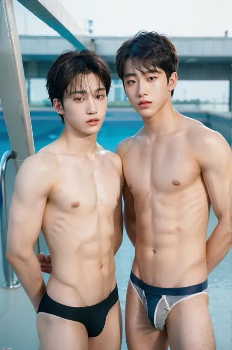 two boys, (natural, high resolution 1.3, Super fine face and eyes., 18 year old, six pack, muscular, strong, korean, topless, wearing jockstrap or thong, soft light, best quality, pool